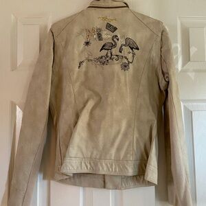 Desigual Cream Suede Jacket with Flamingo Embroidery